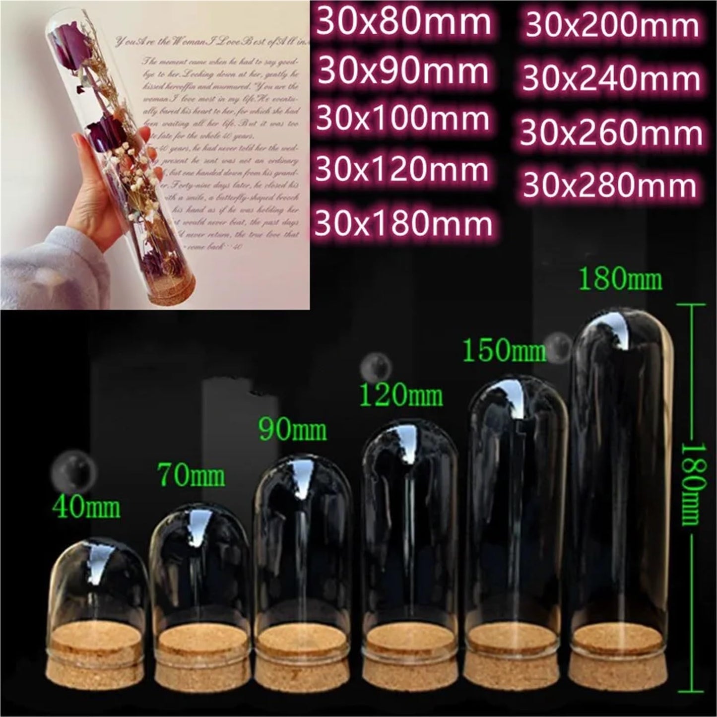 10X Da30mm Glass Bottle Terrarium Jar Cork Base Dome Dust Cover DIY Specimen Succulent Plant Micro Landscape Flower Vase Display(30x150cm)