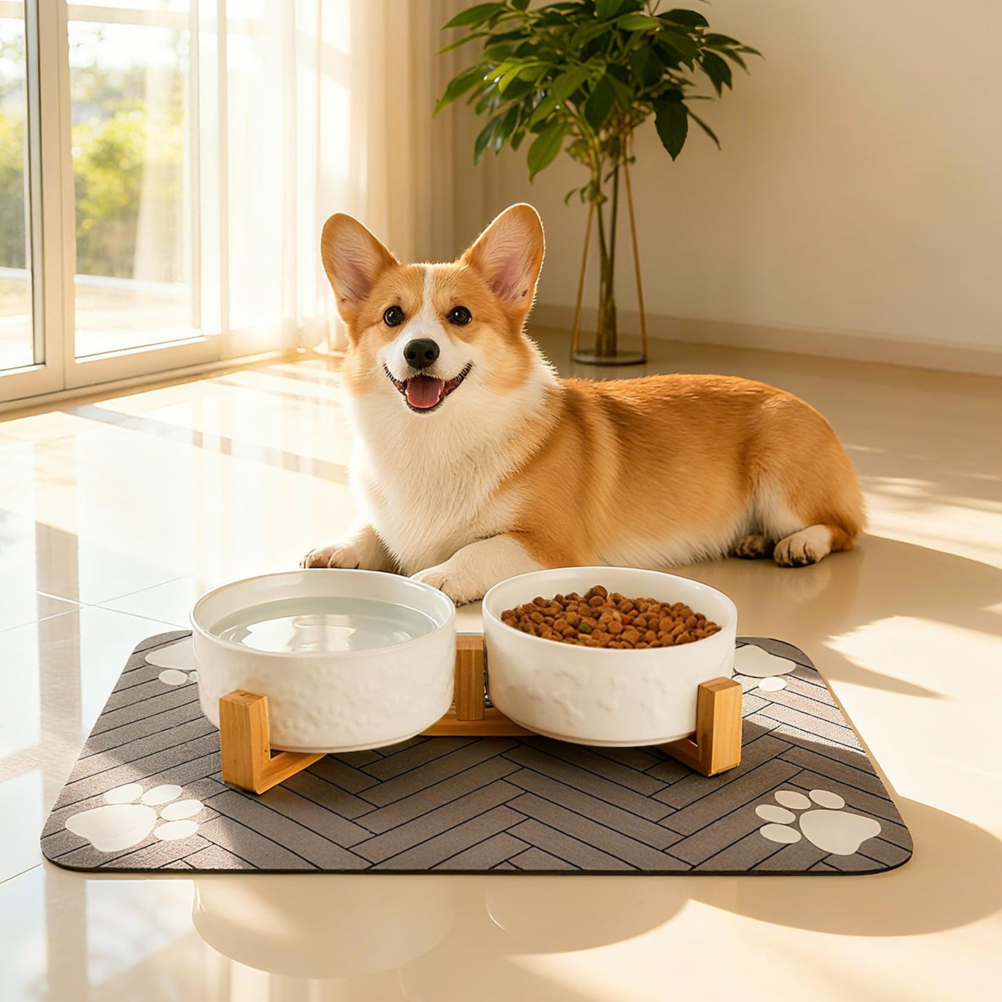 XIHAN Dog Bowls Set with Wood Stand & Mat Waterproof, 3.5 Cups Ceramic Dog Bowls Elevated for Medium Dogs, Dual Food and Water Bowls with Weighted Non-Slip Base 28.7 OZ