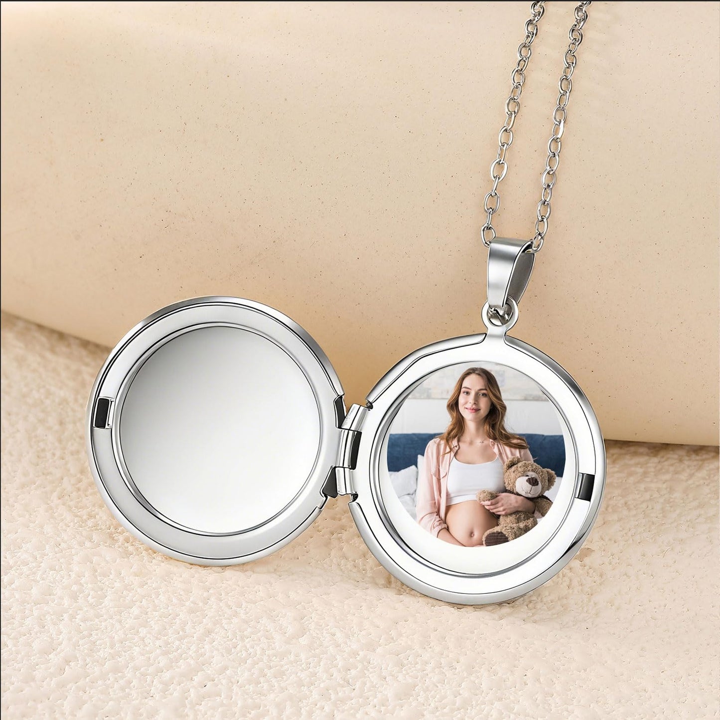 PHOCKSIN Round Locket Necklace for Women with Picture Silver Circle Photo Necklace For Girlfriend Mothers Day Gifts for Women