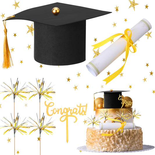 7 Pieces Graduation Cap Cake Topper Decorations Kit with Paper Diploma Congrats Cupcake Toppers Firework Food Topper for Graduation Party Cake Decoration Supply