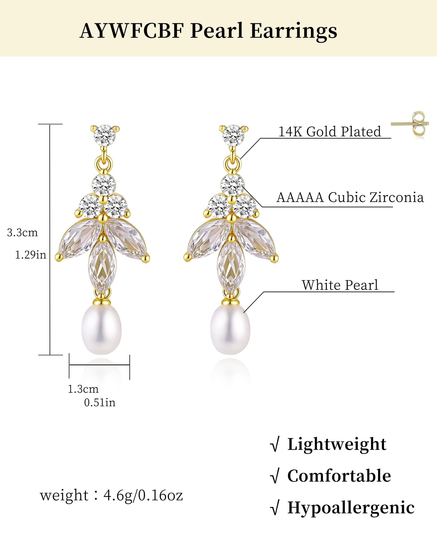 Pearl Earrings for Women, 14k Gold Plated Dangle Pearl Earrings Bridal Shower Gifts Wedding jewelry for Women