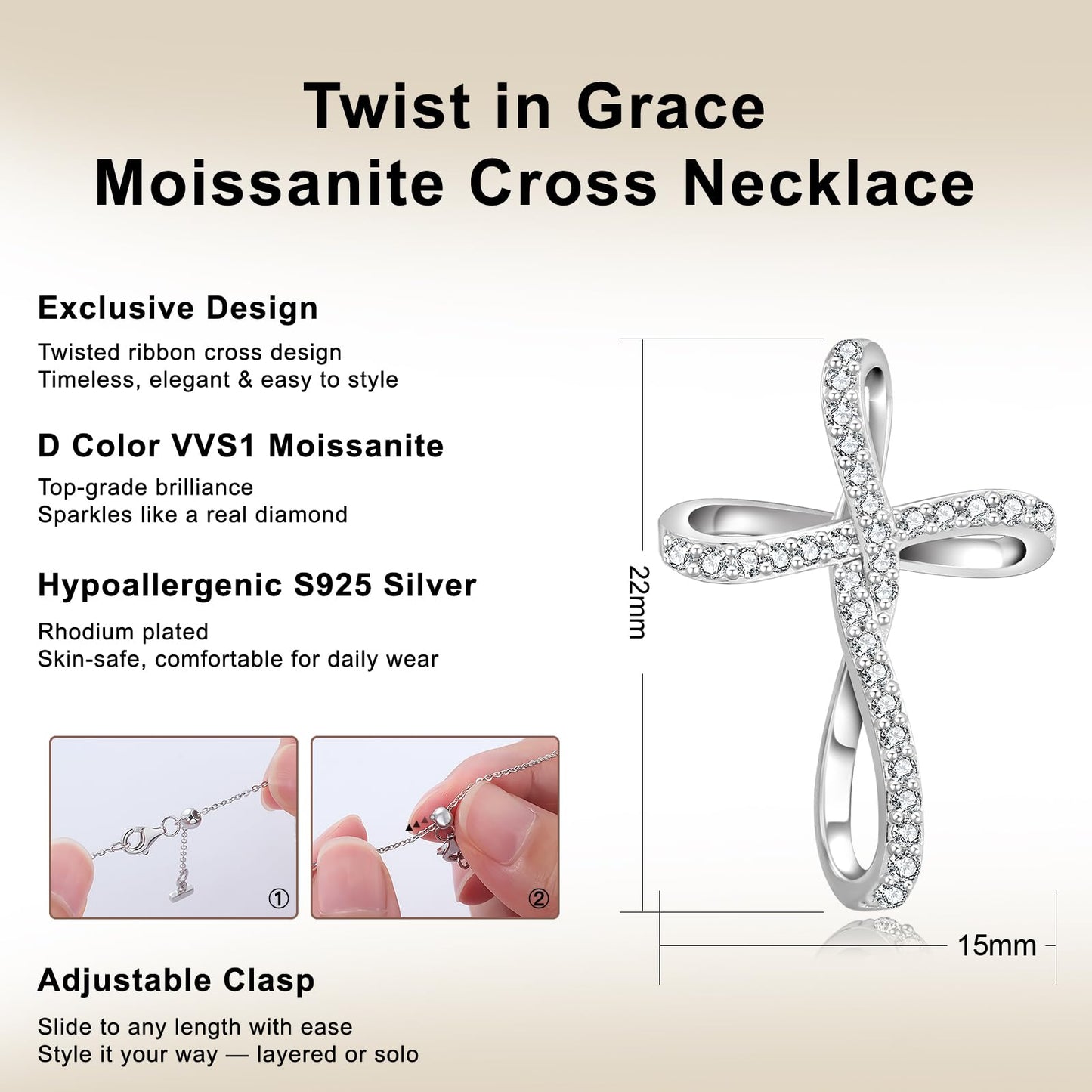 KRKC&CO Moissanite Cross Necklace for Women: D Color VVS1 0,19ct, 925 Vermeil Sterling Silver, Hypoallergenic Petite Pendant, Luxury Gifts for Birthday Anniversary Wedding, Gift Box with Handles