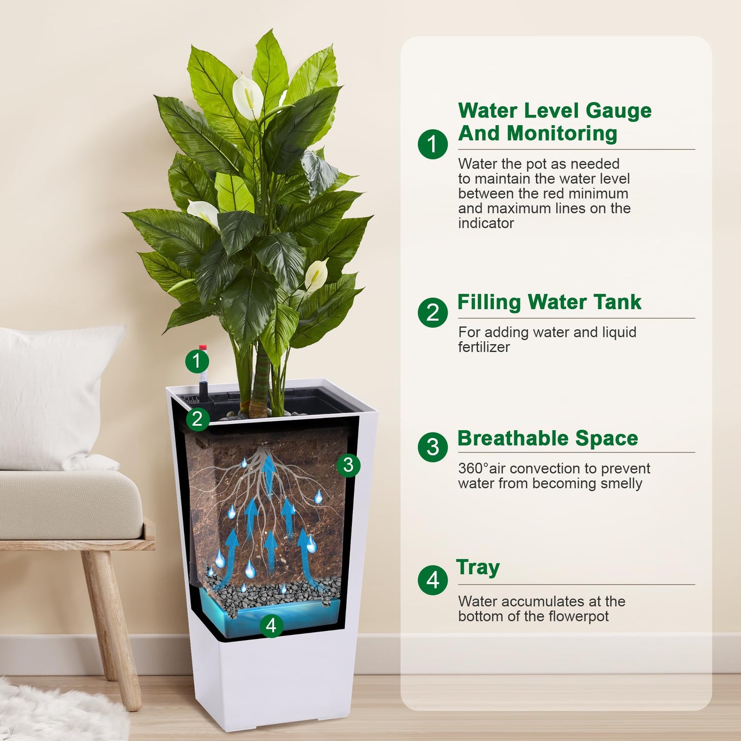 SierraSquad 22.5" Tall Planters Set of 2 – Large Outdoor & Indoor Black Flower Pots with Drainage Holes, Water Level Monitor & Removable Inner Bucket for Front Porch, Patio, Garden – Black