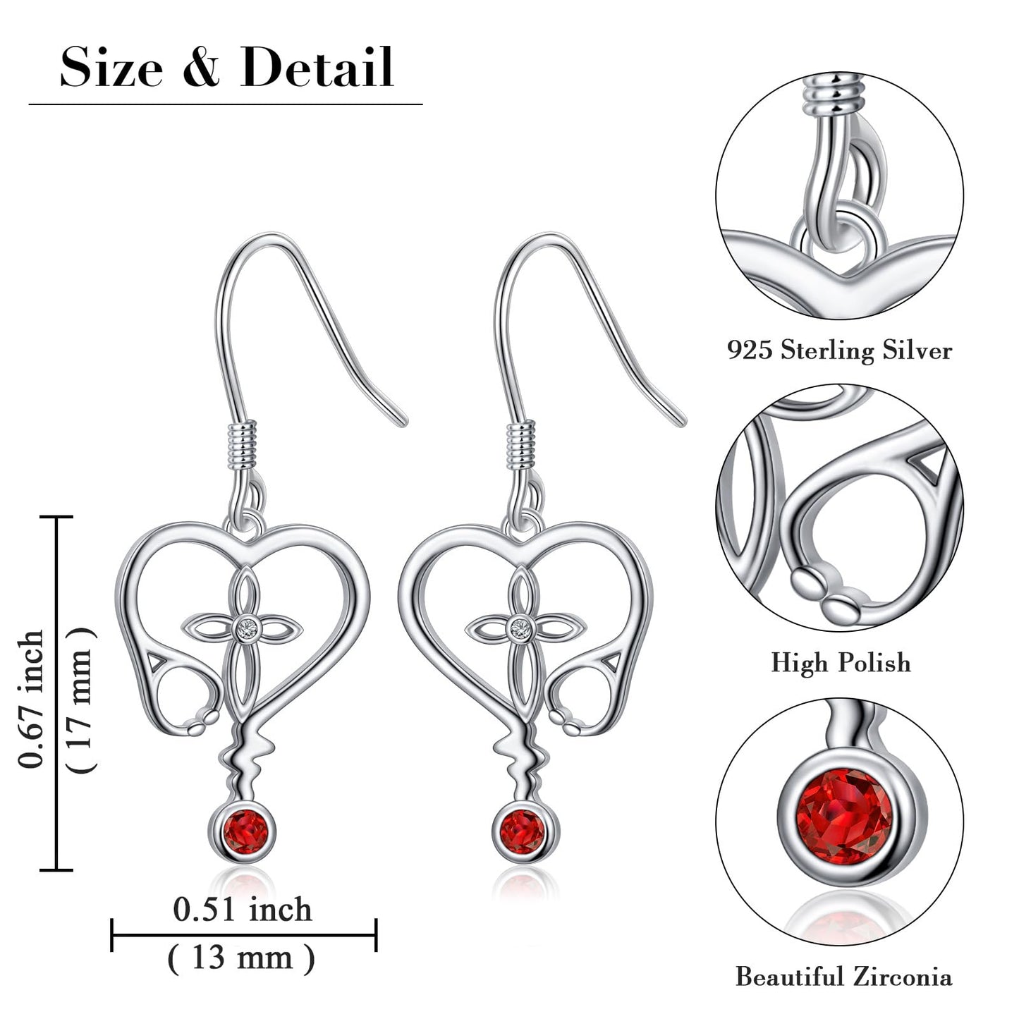 SHAOAN 925 Sterling Silver Cross Stethoscope Dangle Earrings for Women Heart Cubic Zirconia Drop Earrings Graduation Medical Jewelry Gift for Doctors Nurses