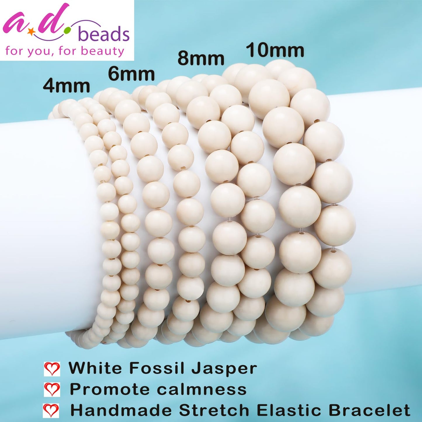 AD Beads 4mm Handmade White Fossil Jasper Elastic Bracelet – Natural Gemstone for Promote calmness – Meditation, Yoga, Healing and Energy Gift for Men Women
