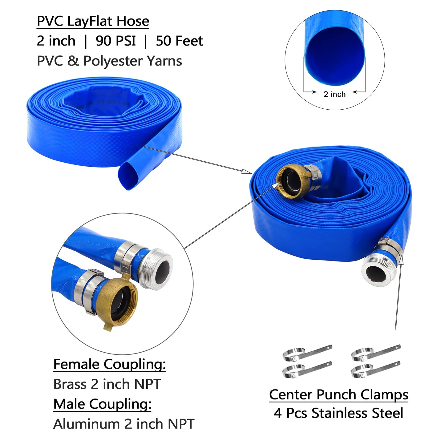 DAVCO 2" ID × 50 ft Pool Backwash Hose, Heavy Duty Reinforced Blue PVC Lay Flat Water Discharge Pump Hoses For Swimming Drain Pools and Clean Filters, With Aluminum Pin Lug Fittings
