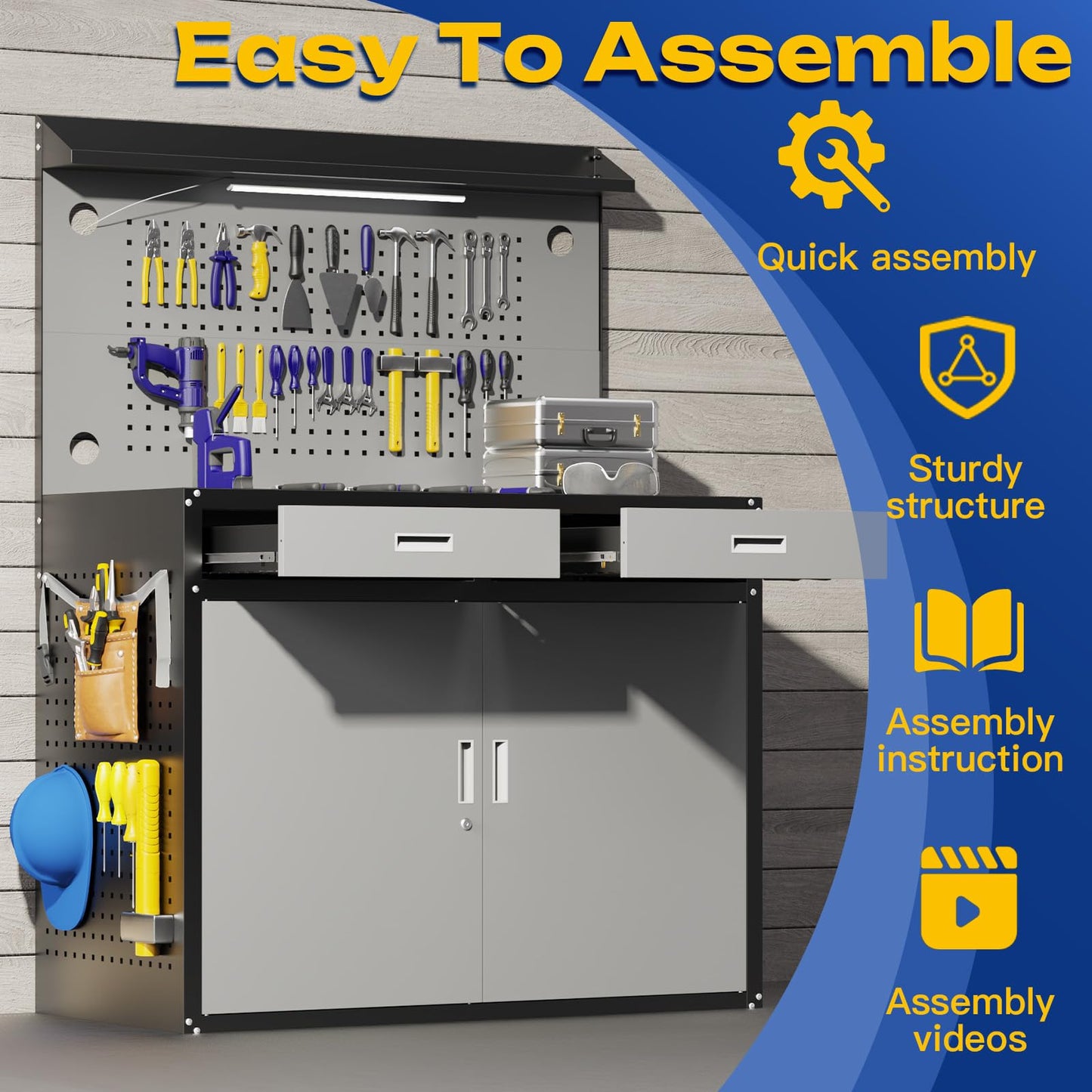 Eltean 48" Work Bench,Heavy Duty 2000 LBS Capacity Workbench with Drawers and Storage,Work Table with Light & Pegboard,Work Benches for Garage