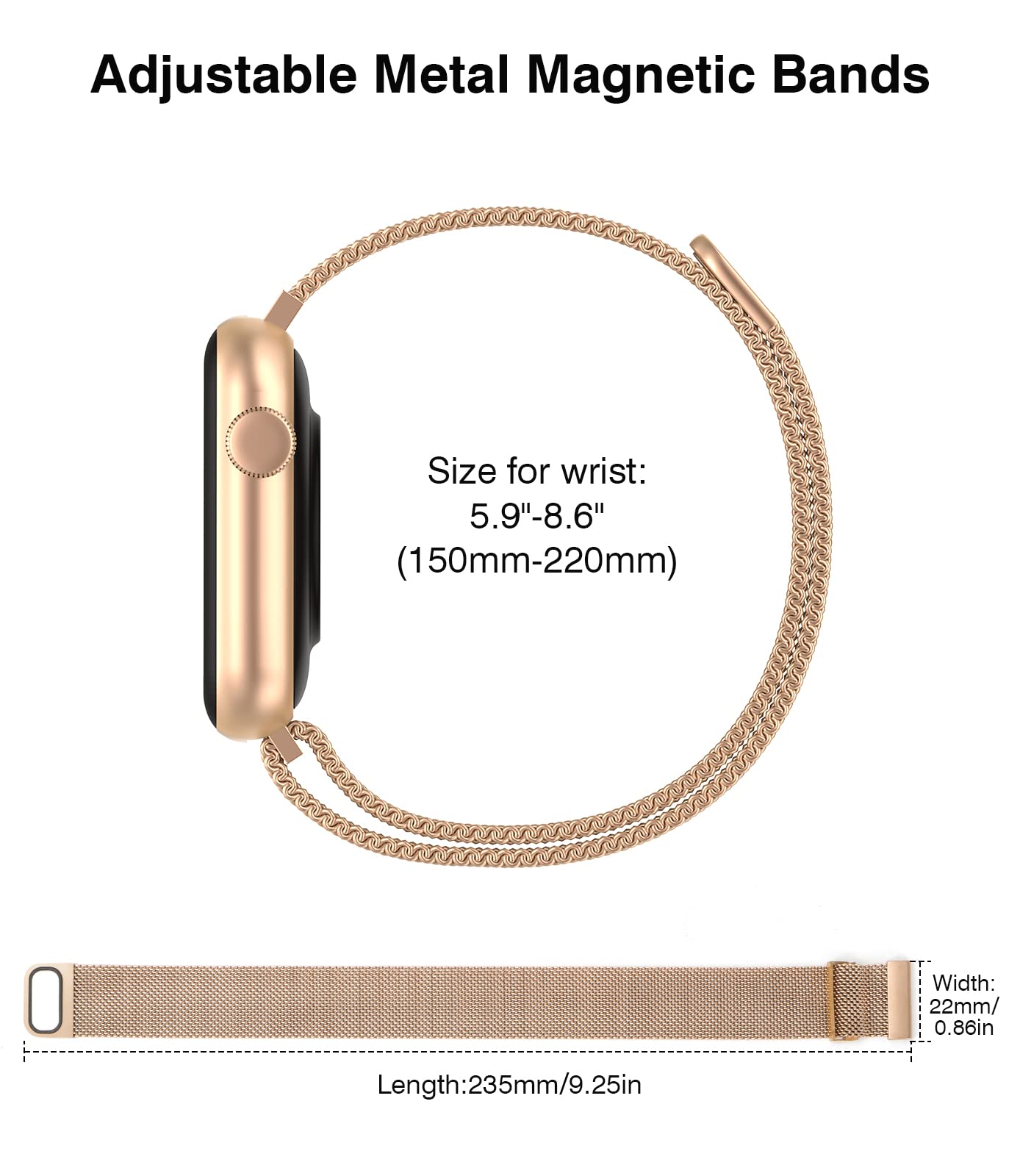 22mm Rose Gold Magnetic Stainless Steel Smart watch Band – Quick Release Milanese Loop Replacement –Strap for Women – Stylish, Adjustable, Anti-Snag Edge, Comfortable Fit, Compatible with Smart watches