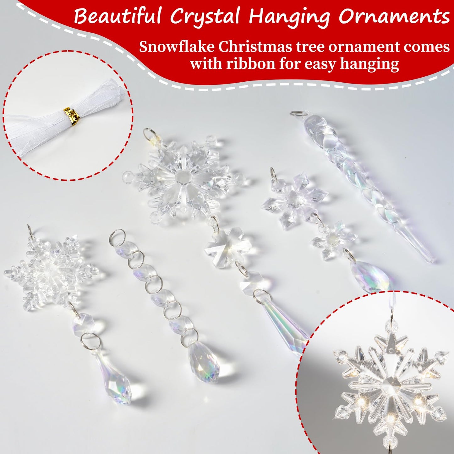20pcs Christmas Ornaments Christmas Tree Decorations Hanging Acrylic Snowflake Icicle Crystal Ornaments with Drop Pendarts for Christmas Decorations Indoor Xmas Tree Winter New Year Party Supplies