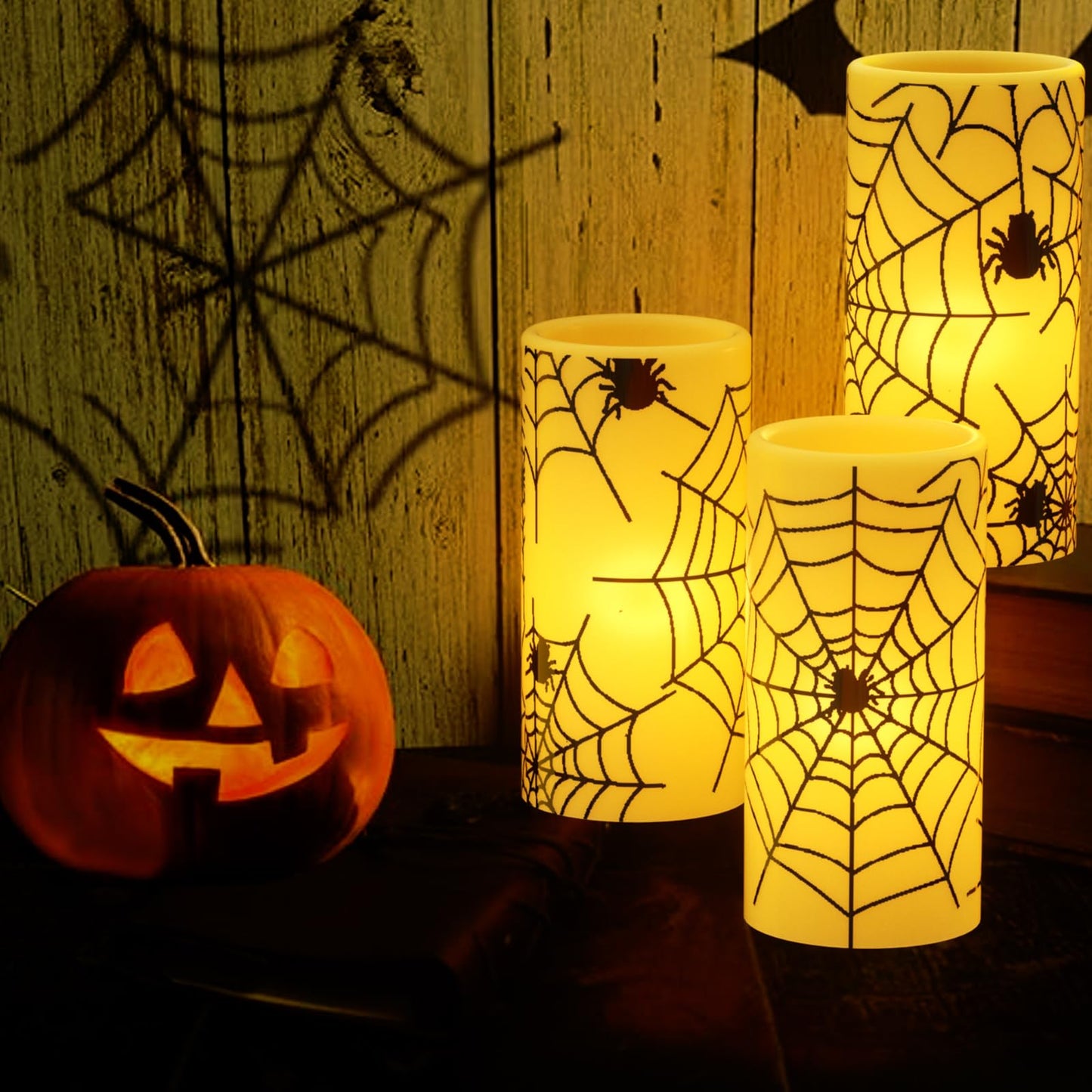 Wondise Halloween Flickering Flameless Candles with Spider Decals, Battery Operated Candles with 6hrs Timer, Real Wax Halloween LED Candles for Horror Spooky Halloween Home Decoration(Set of 3, 3"x6"")"
