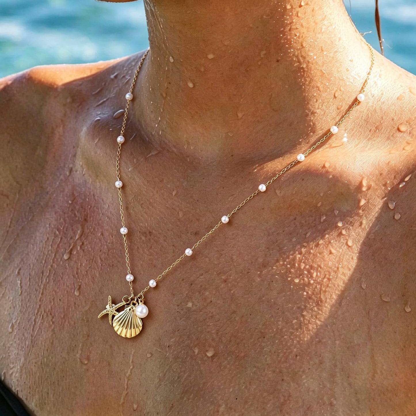 Seashell Necklace Beach Starfish Layered Necklaces for Women Non Tarnish Waterproof Gold Necklace Stack Dainty Paperclip Cute Shell Pearl Pendant Ocean Charm Trendy Summer Beach Vacation Jewelry Gift (Starfish&Shell&Pearl)