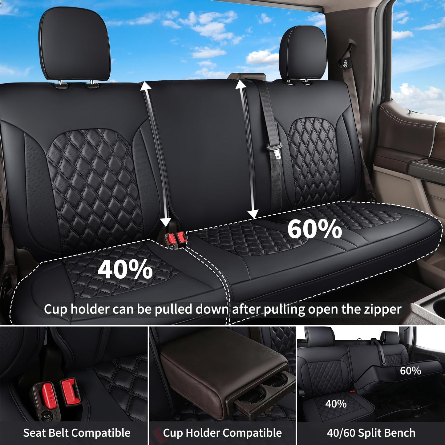 Huidasource Ford Seat Covers, Leather Pickup Seat Cushion Cover Fit for 2015-2025 Ford F150 SuperCrew & 2017-2025 F250 F350 F450 Super Duty Crew Cab XL XLT Lariat King Ranch Platinum(Full Set/Black)
