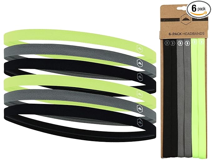 Tough Headwear Thin Elastic Headbands for Men - Sports Hair Head Band for Women & Men - Non Slip Mens Workout Headband - Running or Soccer Headband - 6-Pack
