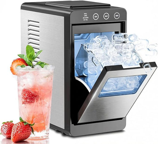 Kismile Ice Maker Countertop, 26Lbs/24H Bullet Portable Ice Maker Machine with 2 Ice Sizes, Interior Light, Self-Cleaning, 8 Cubes in 6 Mins, 0.8L Compact Ice Maker for Home, Kitchen, Stainless Steel