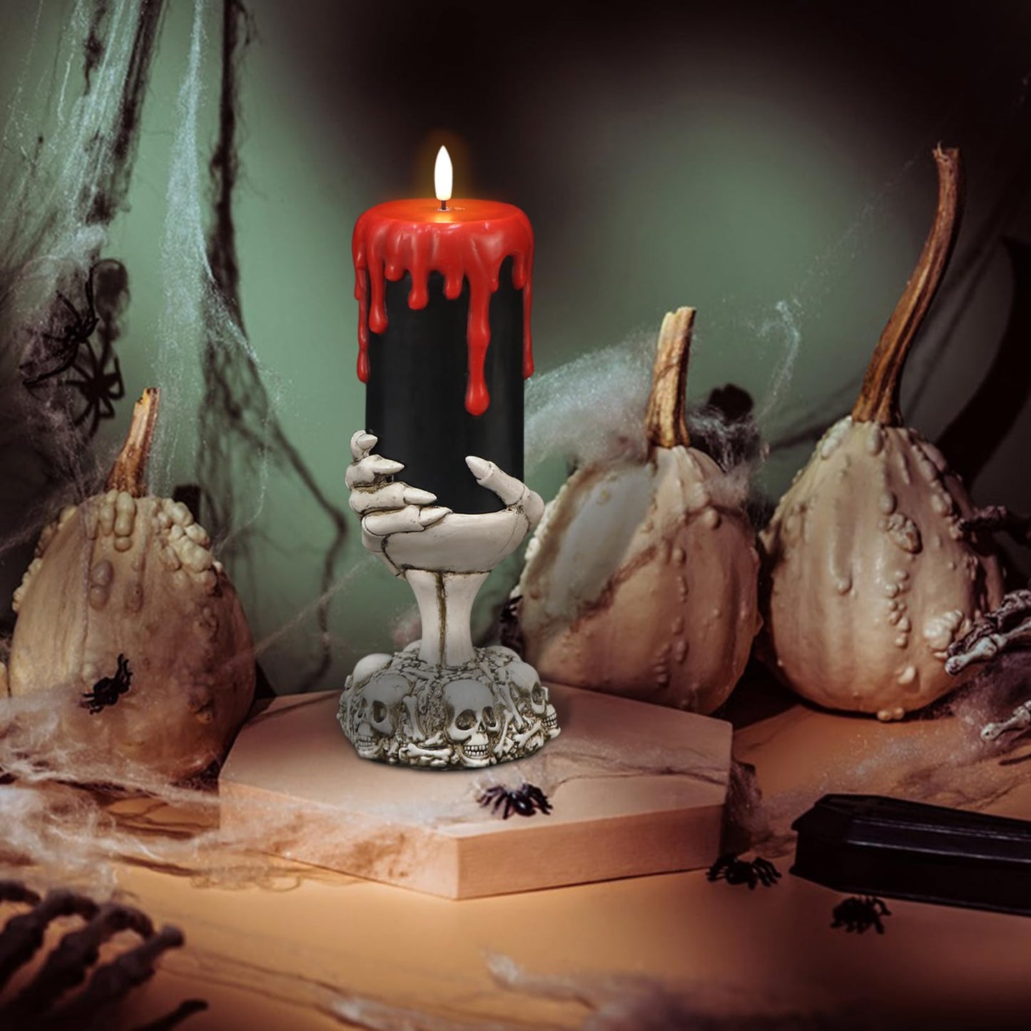 DRomance Black Flameless Flickering Candles with Timer, Blood Dripping Wax Effect Battery Operated LED Pillar Candle with Skeleton Hand Candle Holder Halloween Table Centerpiece Decor(4" x 11"")"