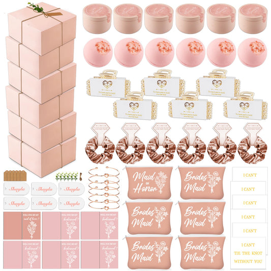 73pcs Bridesmaid Gifts Set Of 6 Pink，Maid of Honor Proposal Box Gift,Scented Candle Salt Ball Makeup Bag Rectangular Hair Clip Bridesmaids Scrunchies Knot Bracelet Bridal Shower Wedding Party