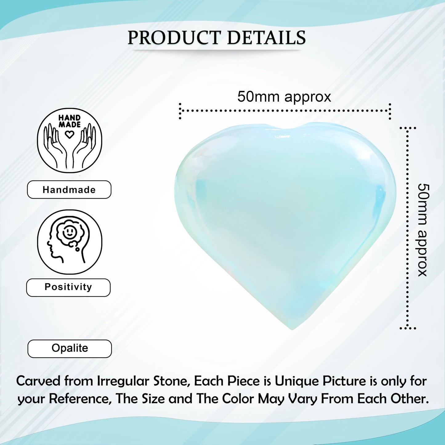 Crocon 50mm Opalite Heart stone Big Heart Shape Puff Stones Set 450+ Carats Pocket Crystal Healing Tumble Collection Palm Worry Stone Good Luck Charm Meditation Gift Craft Home Decor