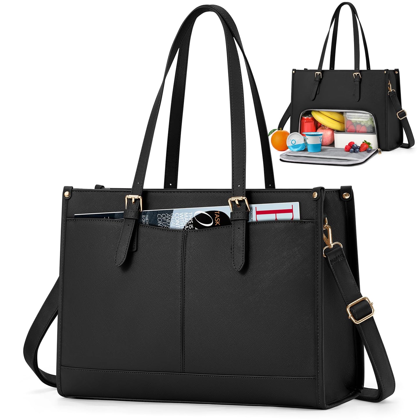 RAINSMORE Lunch Tote Bag for Women 15.6 Inch Laptop Bags with Insulated Lunch Compartment Large Leather Quilted Computer Tote for Teacher Nurse Work Collage Casual Black