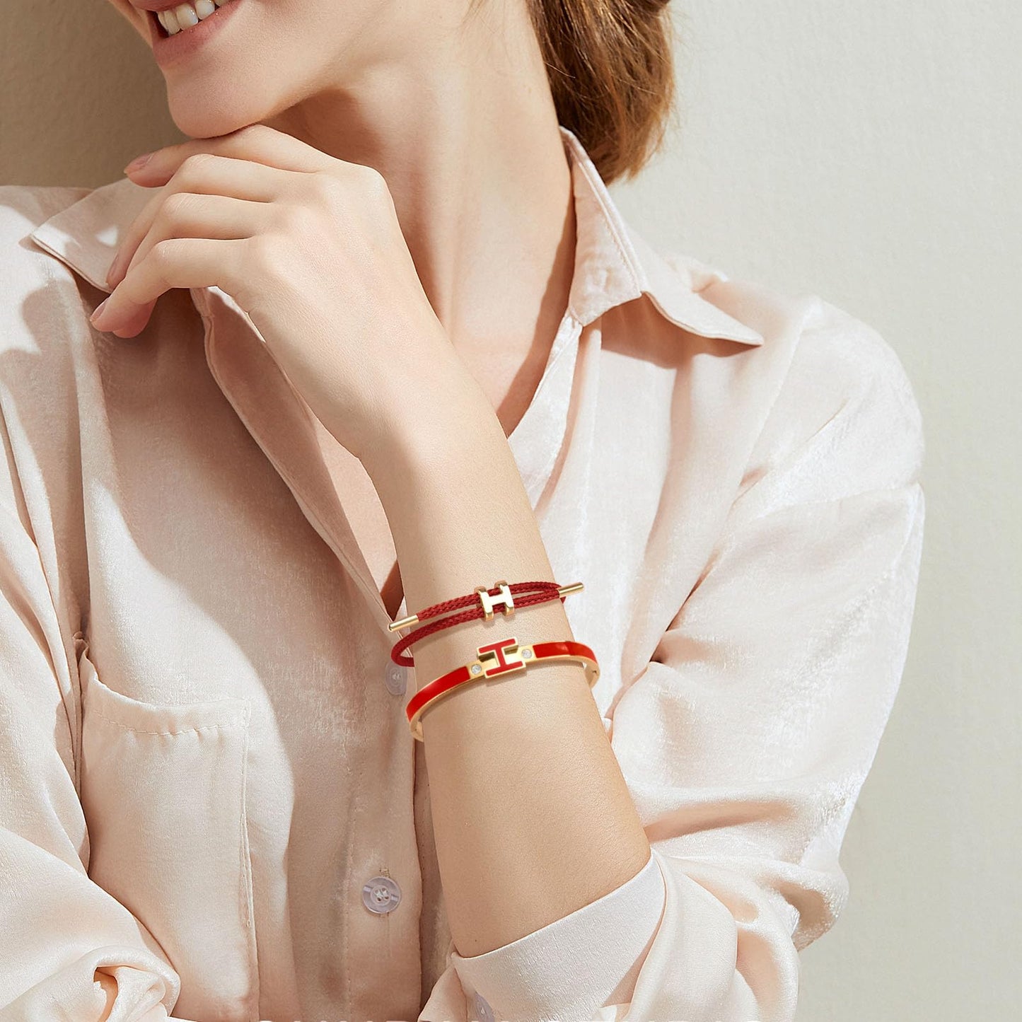 Hothink H Bracelets for Women,H Bangle and H Wire Rope Bracelet Set,Dainty 18K Gold Plated Bracelets Set for Christmas Mothers Day Gifts for Women (Gold-Red)