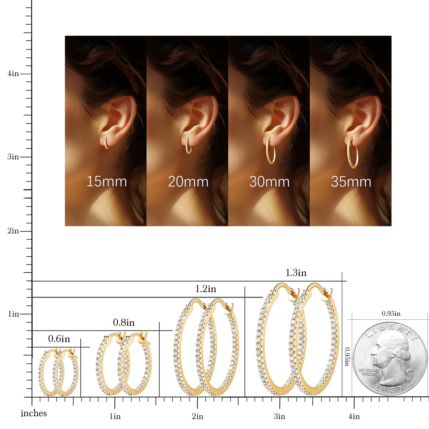 Aidomiya Gold Hoop Earrings 14K Gold Hoop Earrings for Women with Dual-sided Cubic Zirconia Hoops Earring for Women Sensitive Ears Hypoallergenic Womens earring 35MM