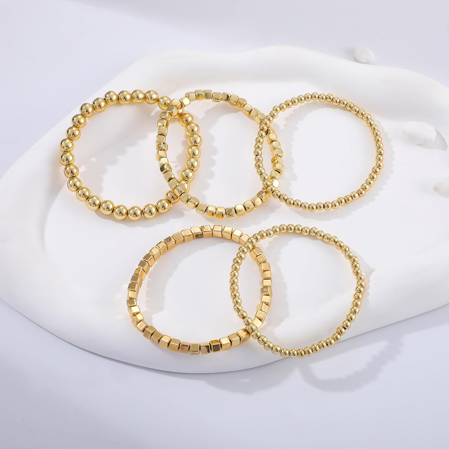Sajidos Gold Plated Beaded Bracelets for Women Trendy, 14K Gold Plated Stack Cross Pearl Gold Plated Bead Stretch Bracelets Set Elastic Hypoallergenic Bracelets Jewelry Gifts (style5-11)