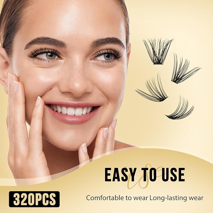 QUEWEL Lash Clusters 320Pcs Cluster Lashes 35D+45D D Curl Lash Cluster Eyelash Extensions Mix9-16mm Individual Eyelashes Clusters Wispy Lash Clusters Thin Band Soft to Use at Home(35D+45D D Mix9-16)