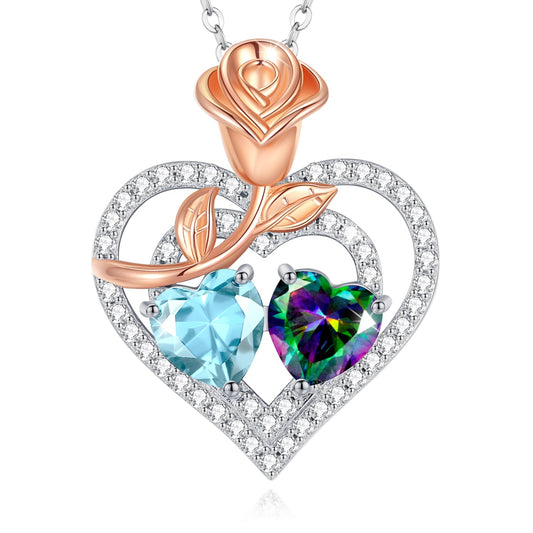 AGVANA March June Birthstone Jewelry Aquamarine Alexandrite Necklace Sterling Silver Rose Flower Heart Double Birthstone Pendant Necklace Anniversary Birthday Gifts for Women Mom Wife Lady Her
