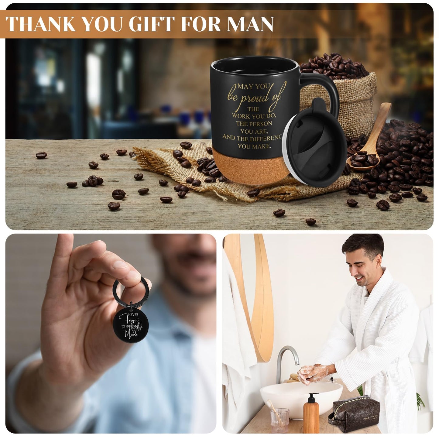 Dandat 3 Pcs Thank You Gift for Men Coworker Appreciation Office Gift Leather Toiletry Bag May You Be Proud 15oz Coffee Cup with Keychain for Boss Manager Teacher Nurse Employee(Brown)