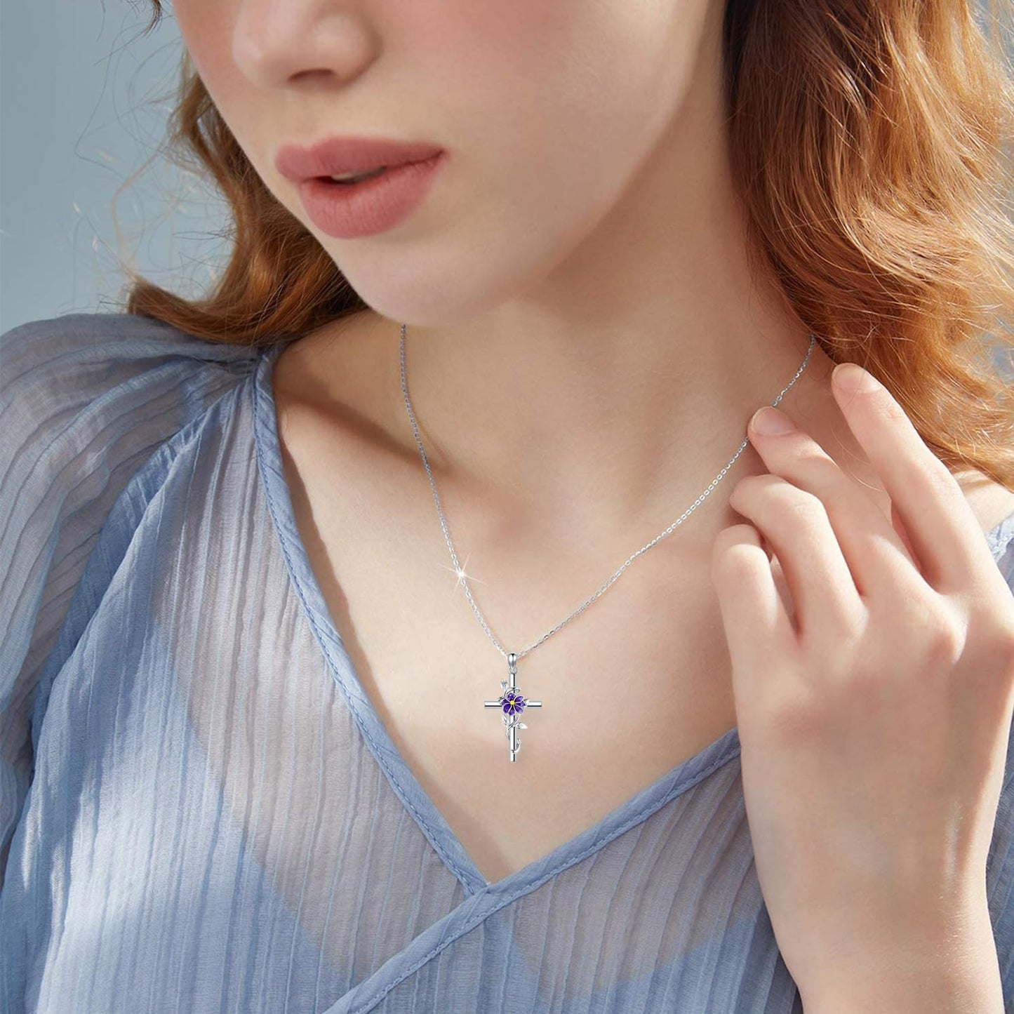 Larkspur Necklace 925 Sterling Silver Cross Larkspur Pendant Necklace July Birth Flower Jewelry for Women Gifts