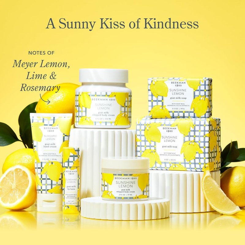 Beekman 1802 Sunshine Lemon Body Care Set | Goat Milk Skincare Gift with Bar Soap, Whipped Cream & Hand Cream - Travel Size