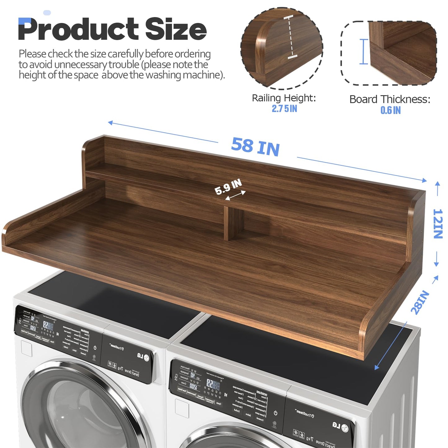 BigPonPon 2-Tier Washer and Dryer Countertop,2.75" H Guard,58" W x 28" D Laundry Countertop Cover with Non-Slip Pad,Large Space Laundry Topper for Folding Clothes Over Washer and Dryer-Dark Walnut