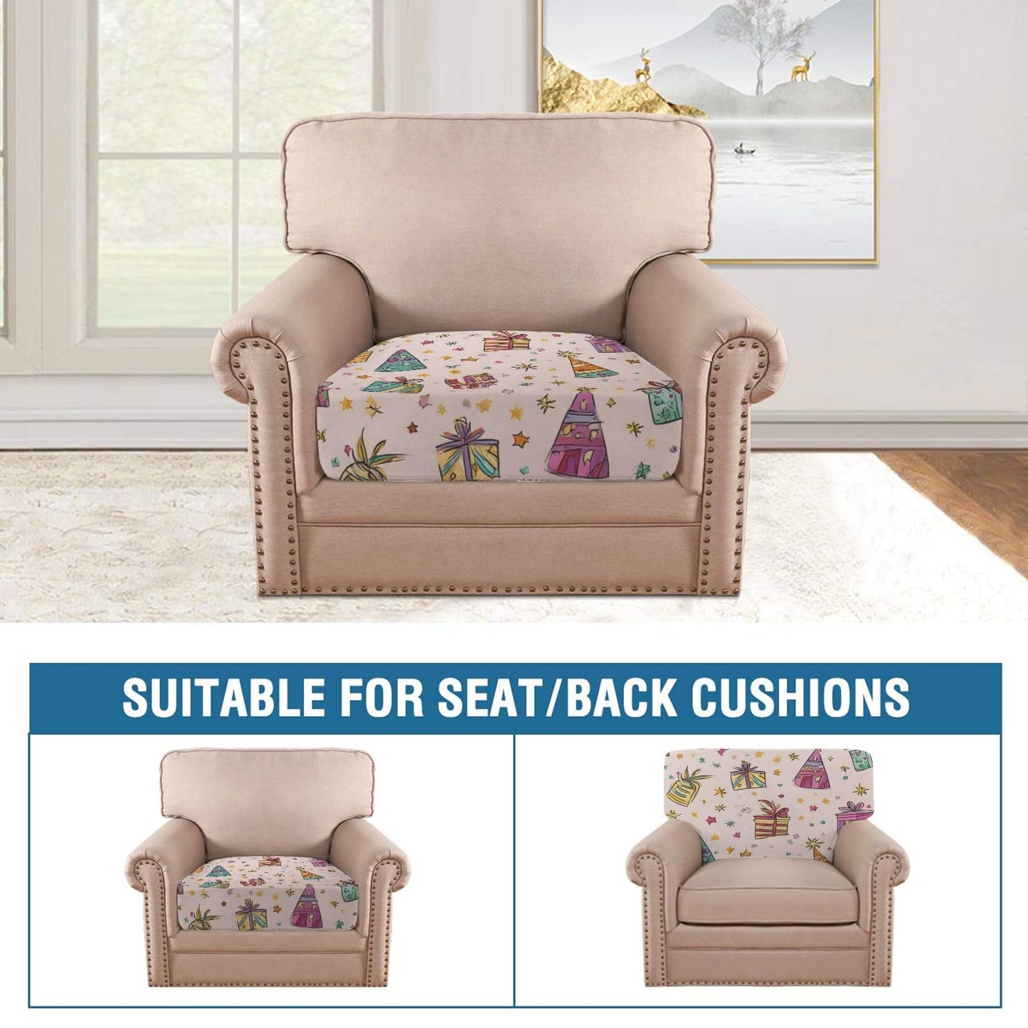 pnyoin Colorfule Gift Box Stretch Individual Seat Sofa Cushion Covers Elastic Couch Cushion Cover Slipcover Sets -3 Piece Sofa Cushion Covers