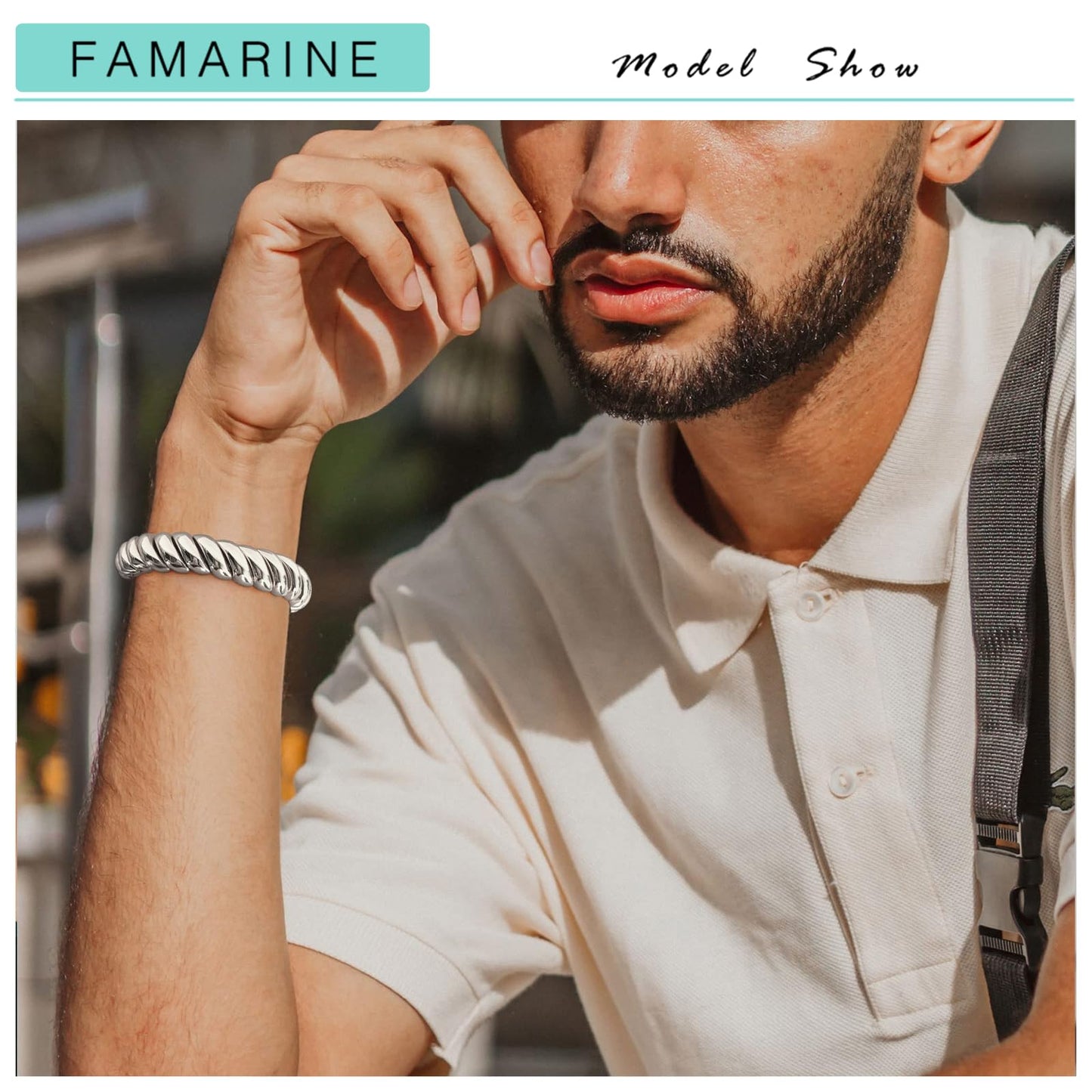 FAMARINE Silver Chunky Bangle Bracelet, Stretchable Elastic Bracelet for Women Men