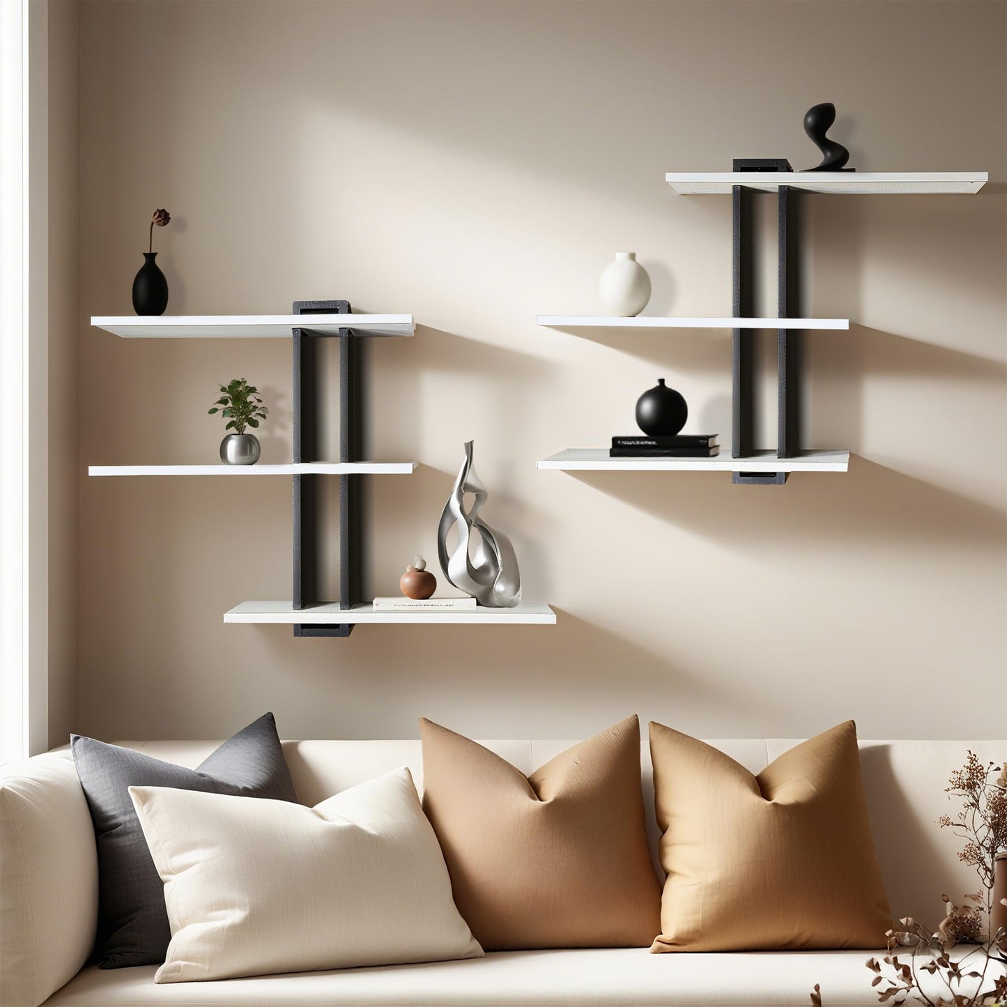 RIVERVALLA Black Floating Shelves for Wall 3 Tier White Bathroom Shelf Wall Mounted Modern Pine Wooden Shelves Rack for Livingroom Bedroom Kitchen Book Plants Organizers and Storage Decor