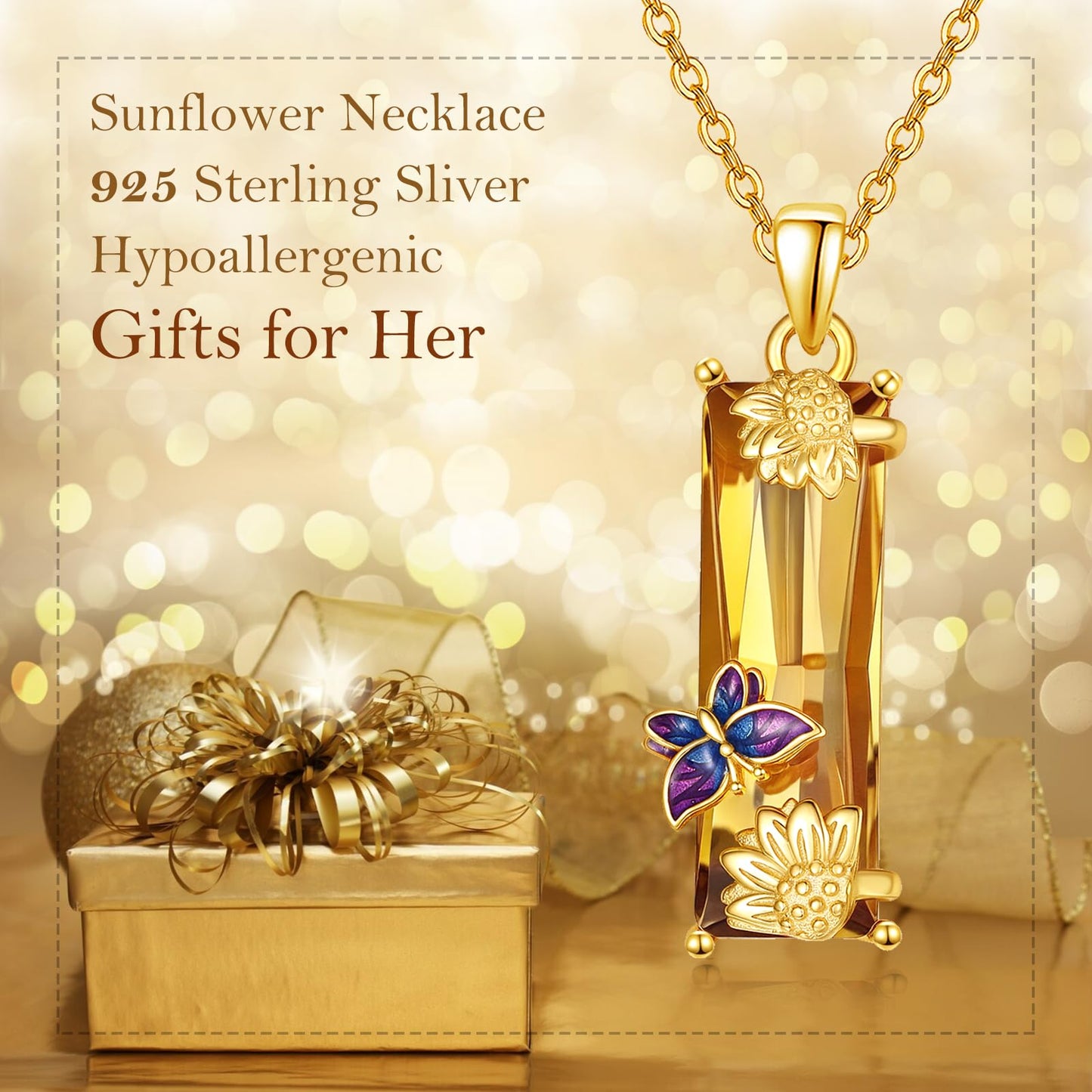 AENEAS Valentines Day Gifts for Women Her Sunflower Necklace for Women Sterling Silver Butterfly Pendant Necklace Citrine Sunflower Necklace Crystal Jewelry Sunshine Gifts for Her Wife