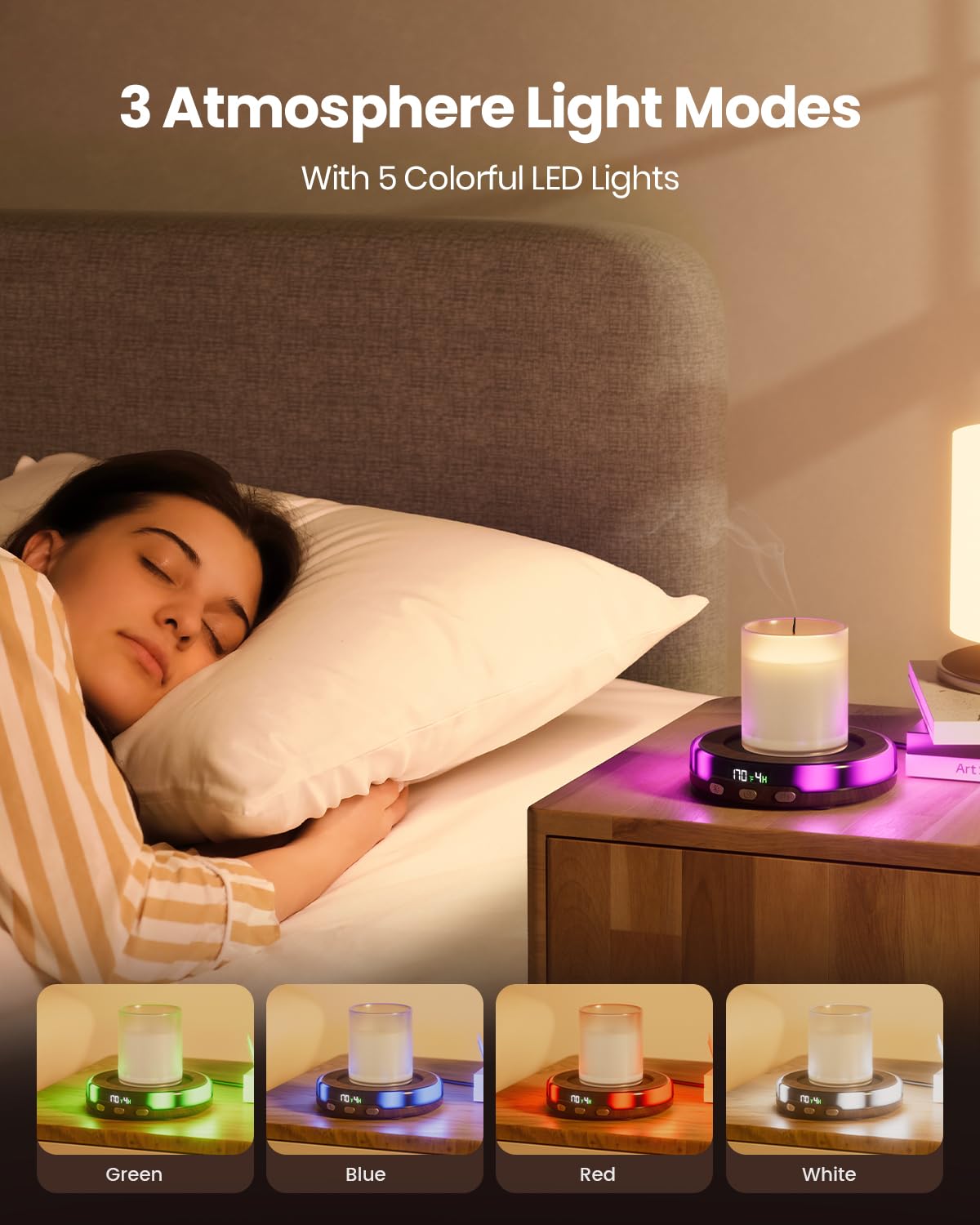 Gaiatop Coffee Mug Warmer for Desk, 3 Temp Settings, 2-9Hrs Timer, 3 Colorful Romantic Atmosphere Light Modes, Beverage Heating Plate with Digital Display for Candle Tea Milk Wood