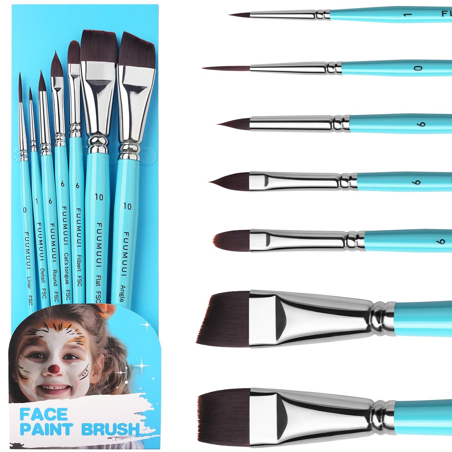 Face Paint Brush Set, Fuumuui 7Pcs Professional Artist Paint Brushes for Body Painting Art Halloween Cosplay Makeup Easter Acrylic Oil Gouache Watercolor for Beginners & Advanced Artists