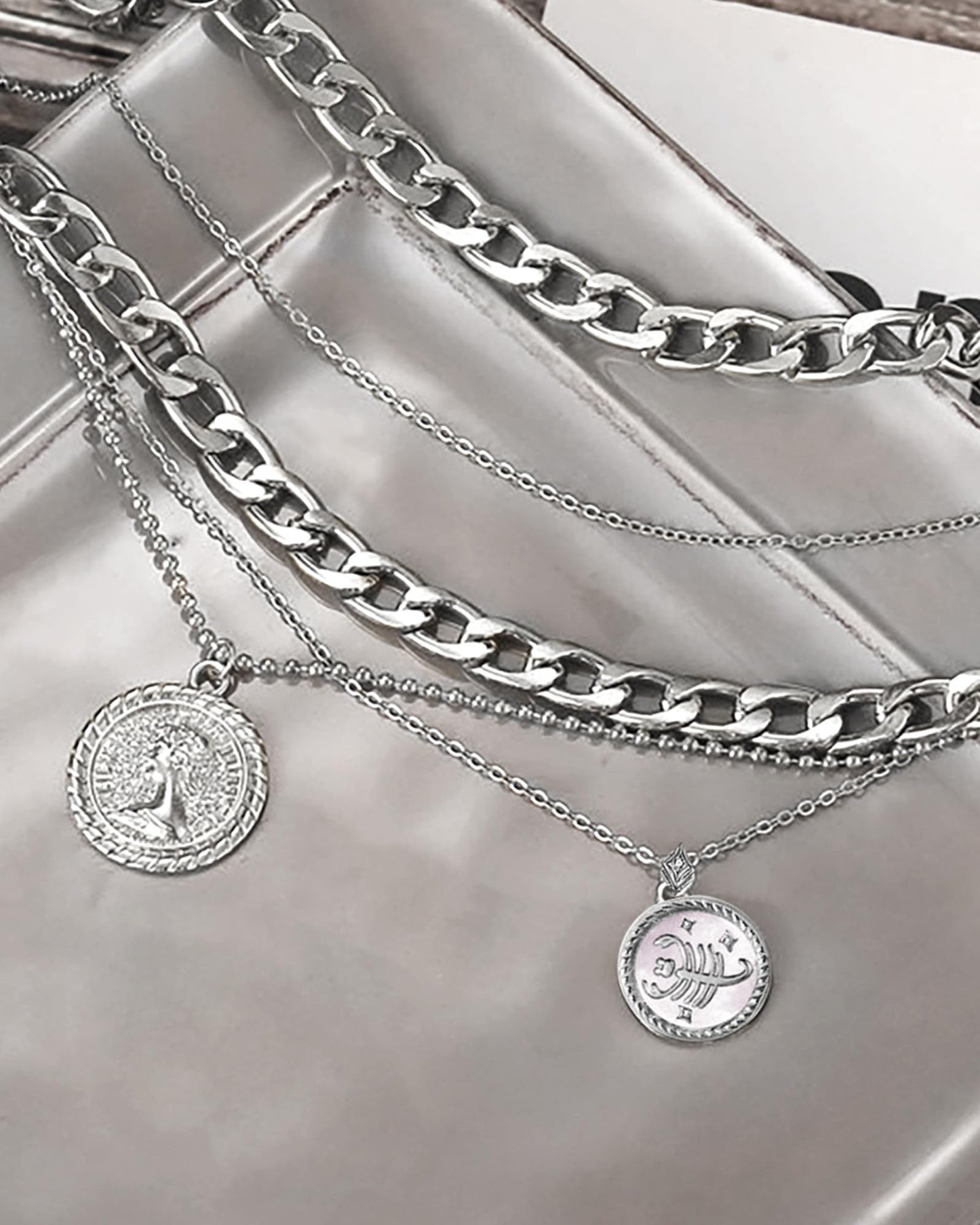 MJartoria Gold Layered Necklaces for Women Trendy Retro Coin Pendant Necklace Dainty Chunky Chain Choker Necklaces for Jewelry Birthday Gifts (Silver, Zodiac-Scorpio-3PCS Layered)