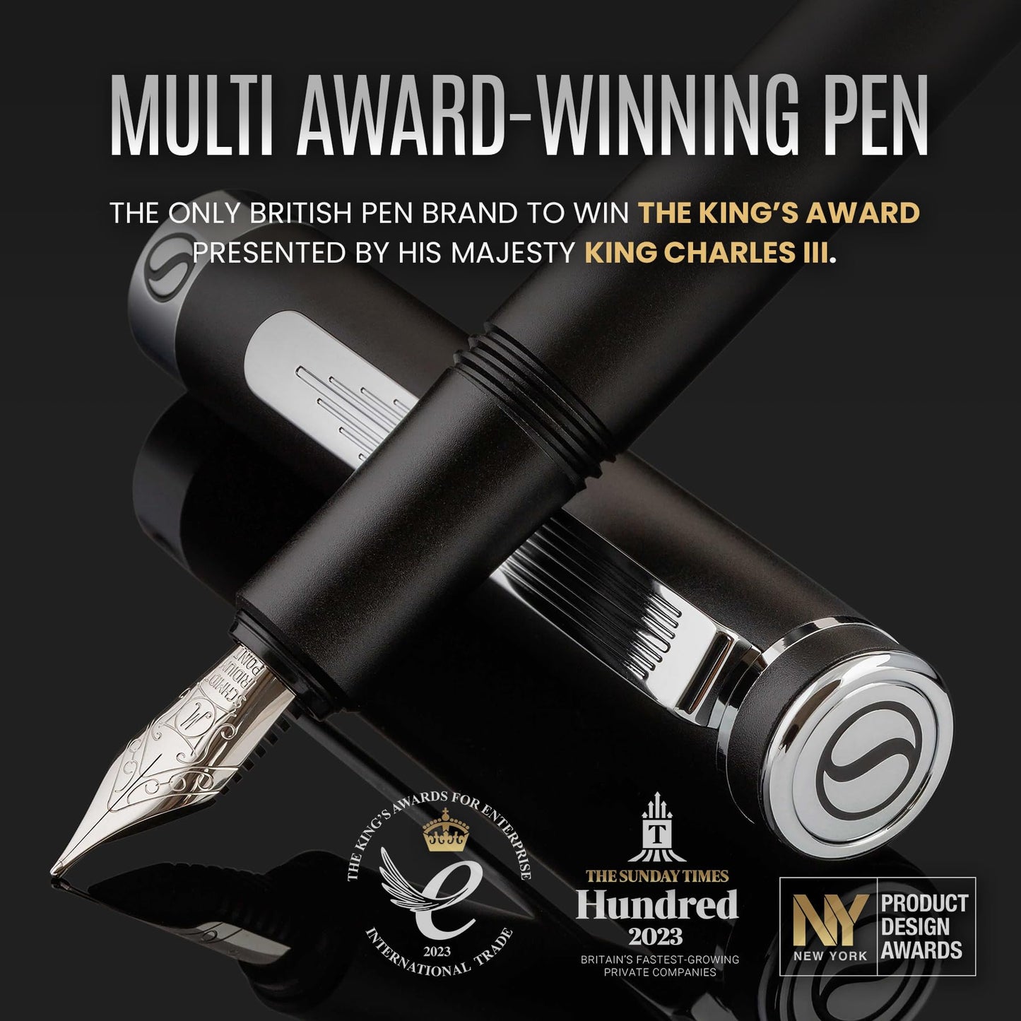 Scriveiner Luxury EDC Fountain Pen (Fine), Stunning Matt Black Pocket Pen, Chrome Finish, Schmidt German Nib, Converter, Best Writing Pen Gift Set for Men & Women, Nice Fancy Office Designer Pen