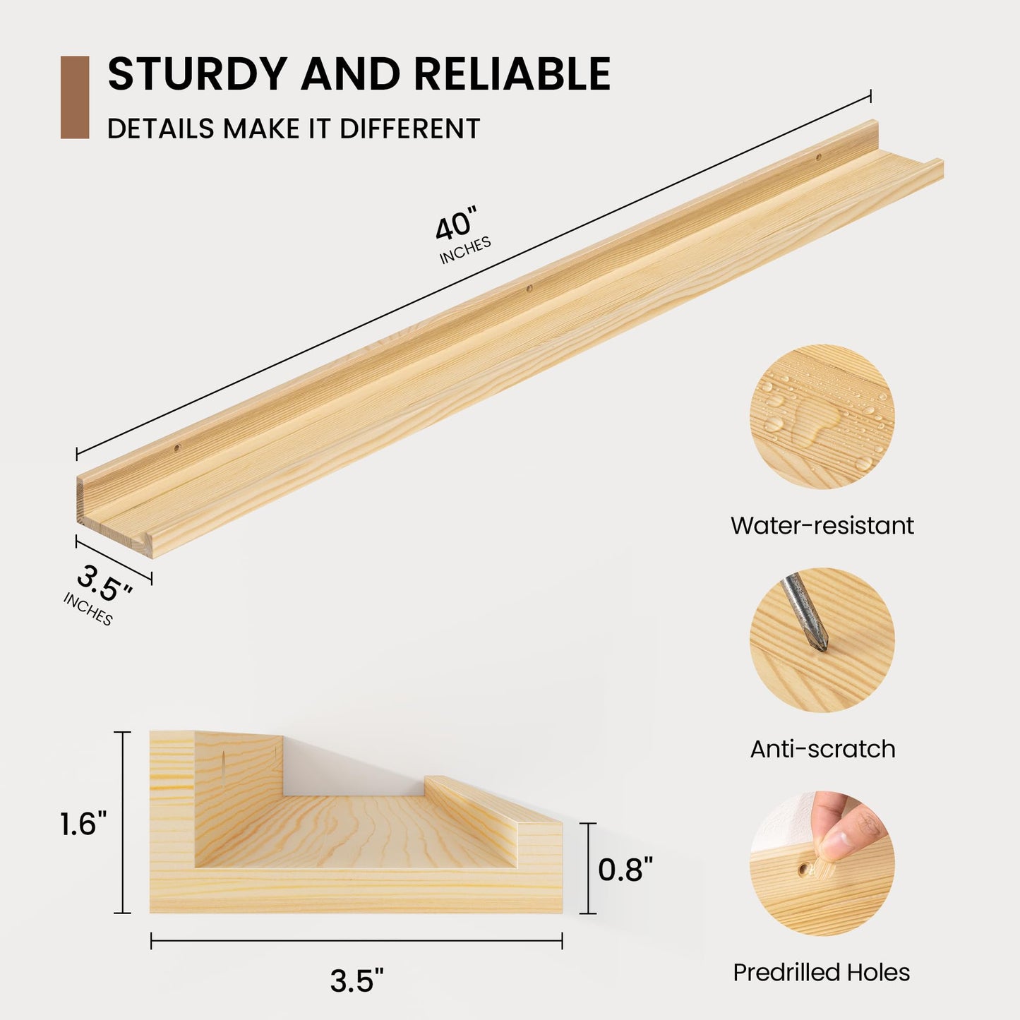 Picture Ledge Shelf, Floating Shelves Set of 2, 40 Inches Solid Wood Nursery Book Shelves for Toys Storage, Kids Bookshelf Wall Mounted for Living Room Decor Books Photo Frames, Unfinished Natural