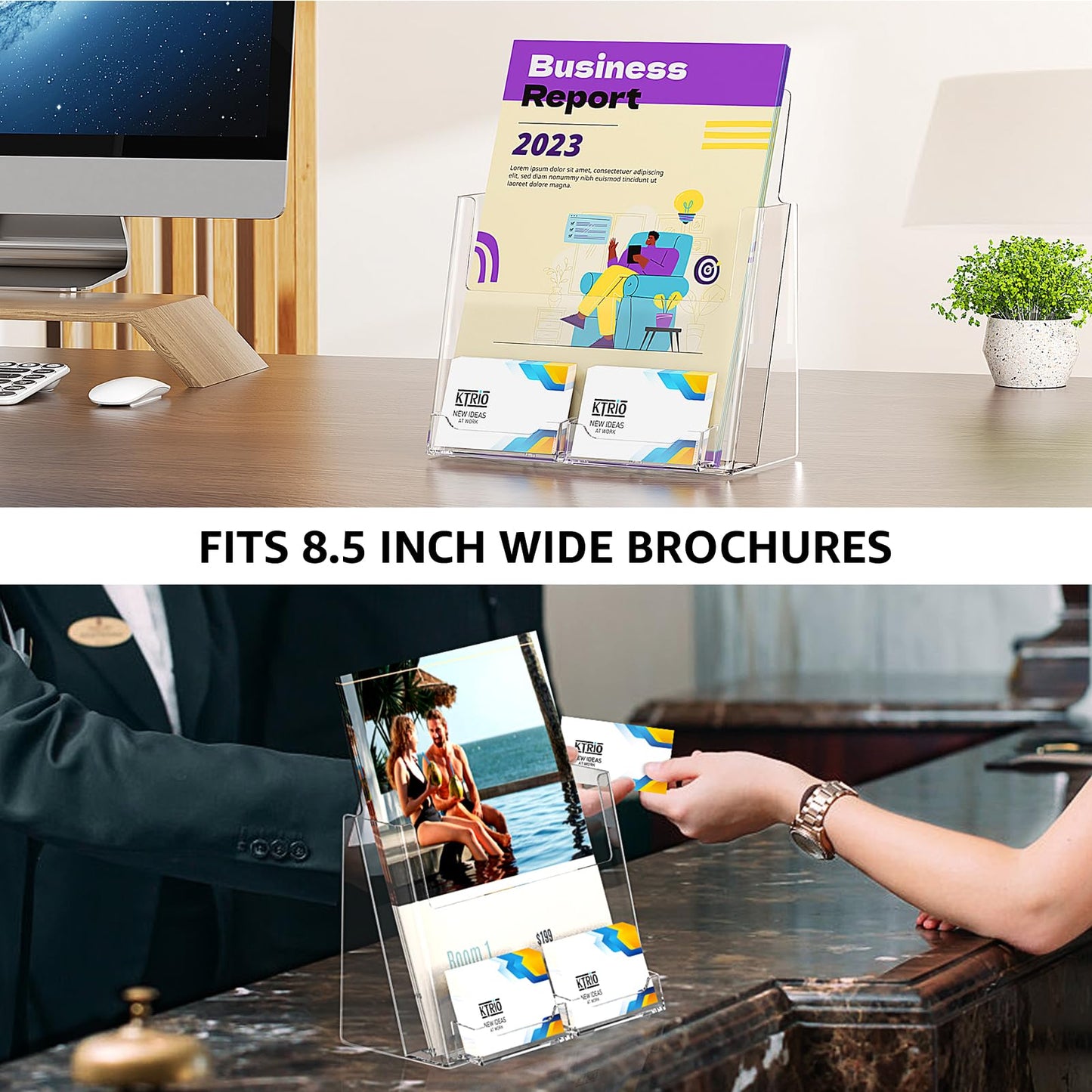 KTRIO Acrylic Brochure Holder 8.5x11 Inches with Business Card Holder 2 Pack, Clear Plastic Brochure Display Stand for Pamphlets, Magazine, Flyers, Booklets, Literature, Signs, Menu, Business Cards