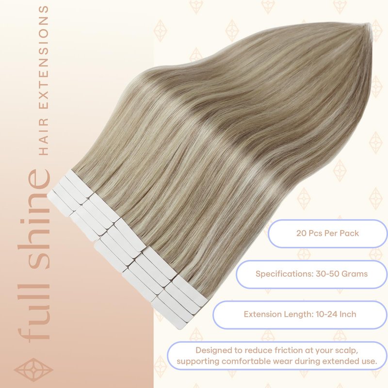 Full Shine Tape in Hair Extensions Human Hair 16 Inch Color 18 Dirty Blonde Highlighted 613 Ash Blonde Invisible Tape Ins Human Hair Extensions 50 Grams 20PCS Thick End for Party