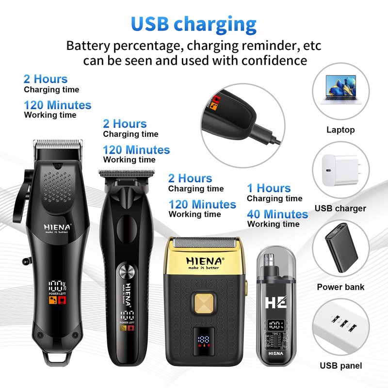 HIENA PRO Professional Hair Clipper Set for Men, Cordless Barber Clippers Set and Trimmer Kit, Foil Shaver & Men's Facial Grooming Tool, USB Rechargeable Electric Beard Trimmer & Nose Hair Trimmer Kit