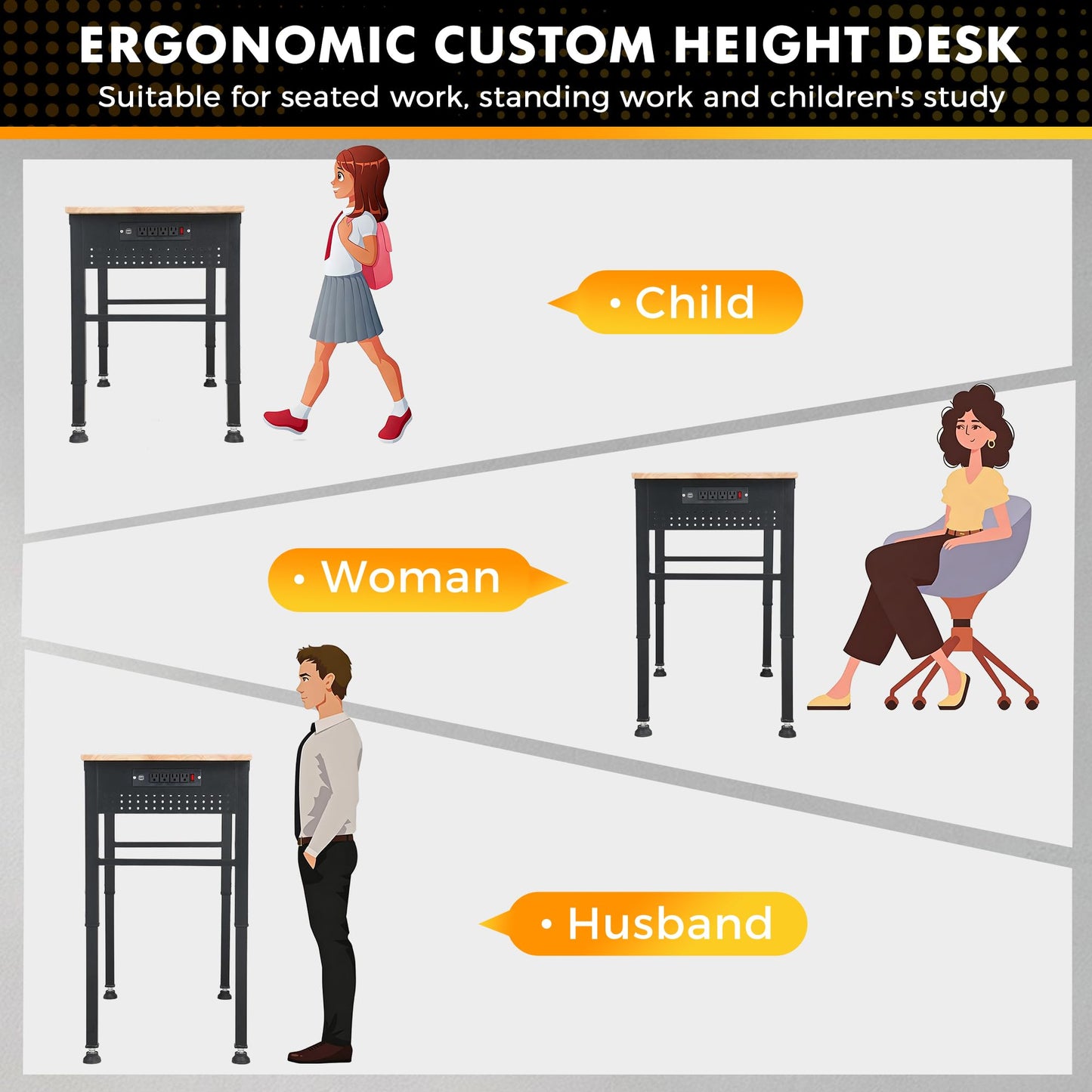 41" Adjustable Workbench with Rubberwood Top & Power Outlet,Large 41x21In 9-Level Height Range 27"-37", 2000 LBS Heavy Duty Capacity for Workshop, Office, Garage, Home