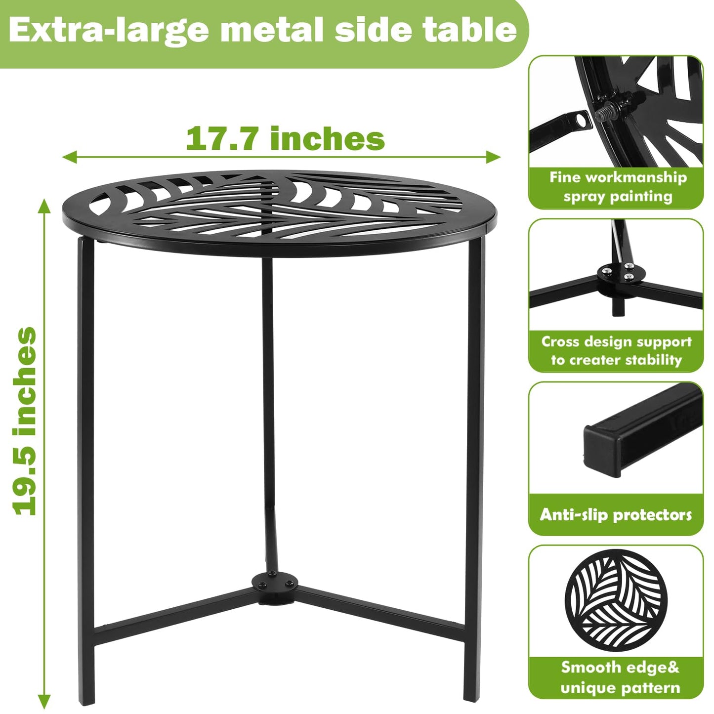 Extra-large Metal Side Table 17.7 Inches Heavy-duty Black Outdoor Patio Garden End Table Round Accent Corner Stand for Small Space Weather-resistant Coffee Table for Balcony Porch Plant Stand, Black