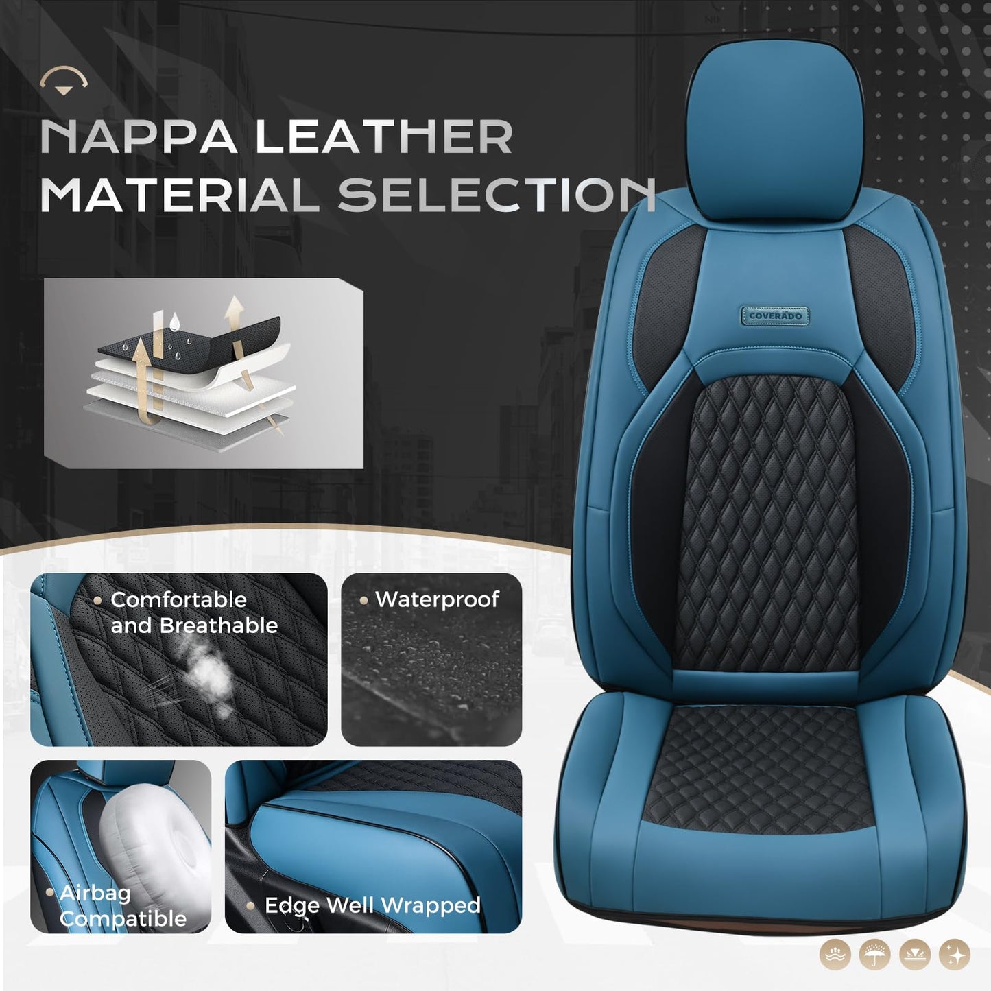 Coverado Waterproof Faux Leather Seat Covers Full Set for Ford F150 2015-2025 SuperCrew & F250 F350 F450 2017-2025 Crew Cab, Compatible with XL XLT Lariat King Ranch, Blue Interior Truck Accessories