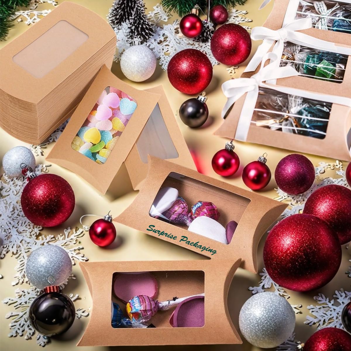 100 Pcs Pillow Gift Boxes with Windows,Kraft Paper Mini Pillow Packaging Box, Creative Favor Box Folding Treat Boxes with Clear Window for Bakery Candy Chocolate Jewelry Display Wedding Party Favor (kraft 100Pcs)