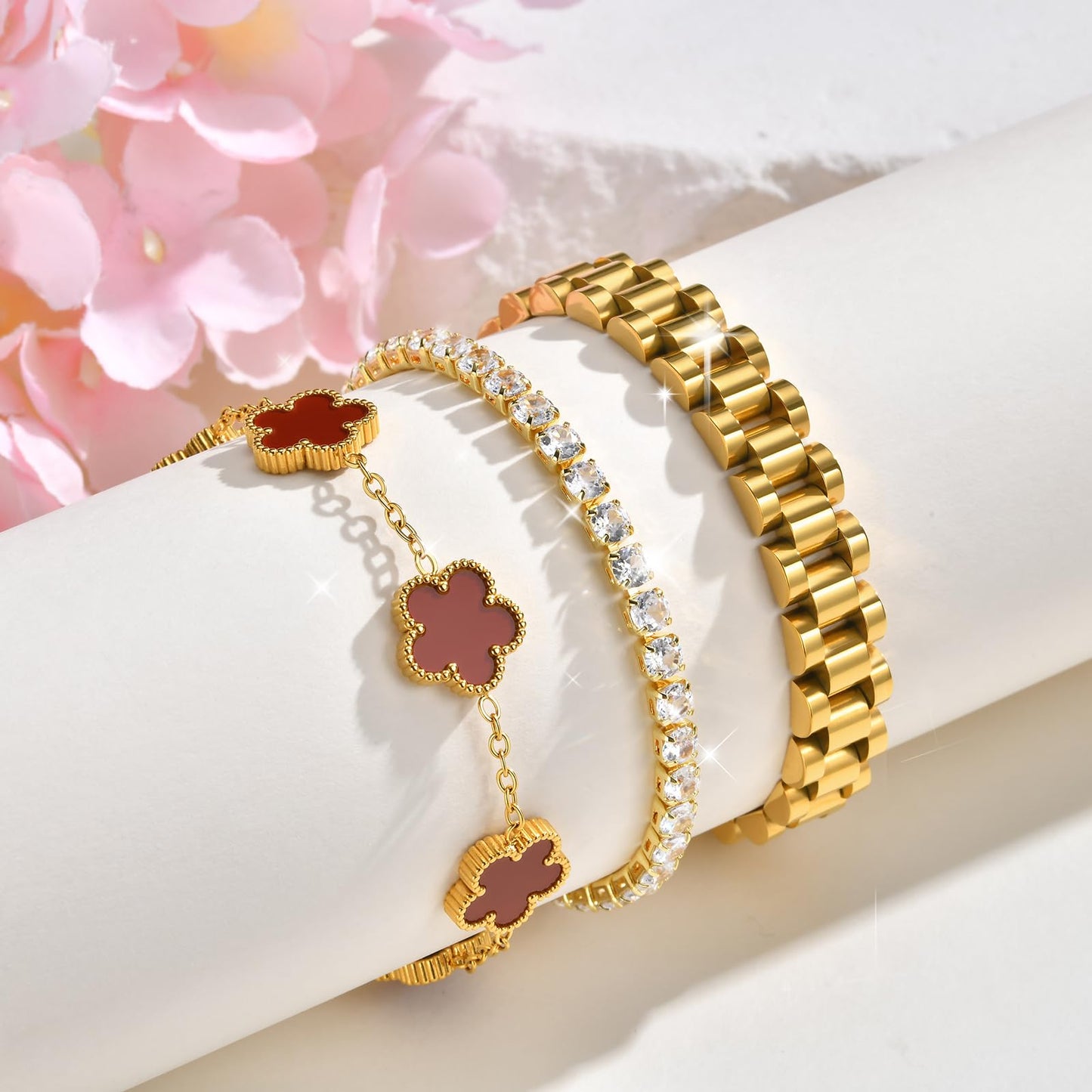 Stackable Gold Floral Bracelets Set - 3pcs 18K Gold Plated Bracelet Non-tarnish,Stainless Steel Link Chain Friendship Bracelet,Watch Band Trendy Jewelry,Christmas Valentines Birthday Gifts for Women