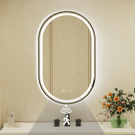 24x40 Inch Oval Black Framed LED Bathroom Mirror with Lights,Smart Bathroom Mirror,Motion Sensor,Anti-Fog,Stepless Dimmable & 3 Colors,Memory,Vanity Mirror for Wall