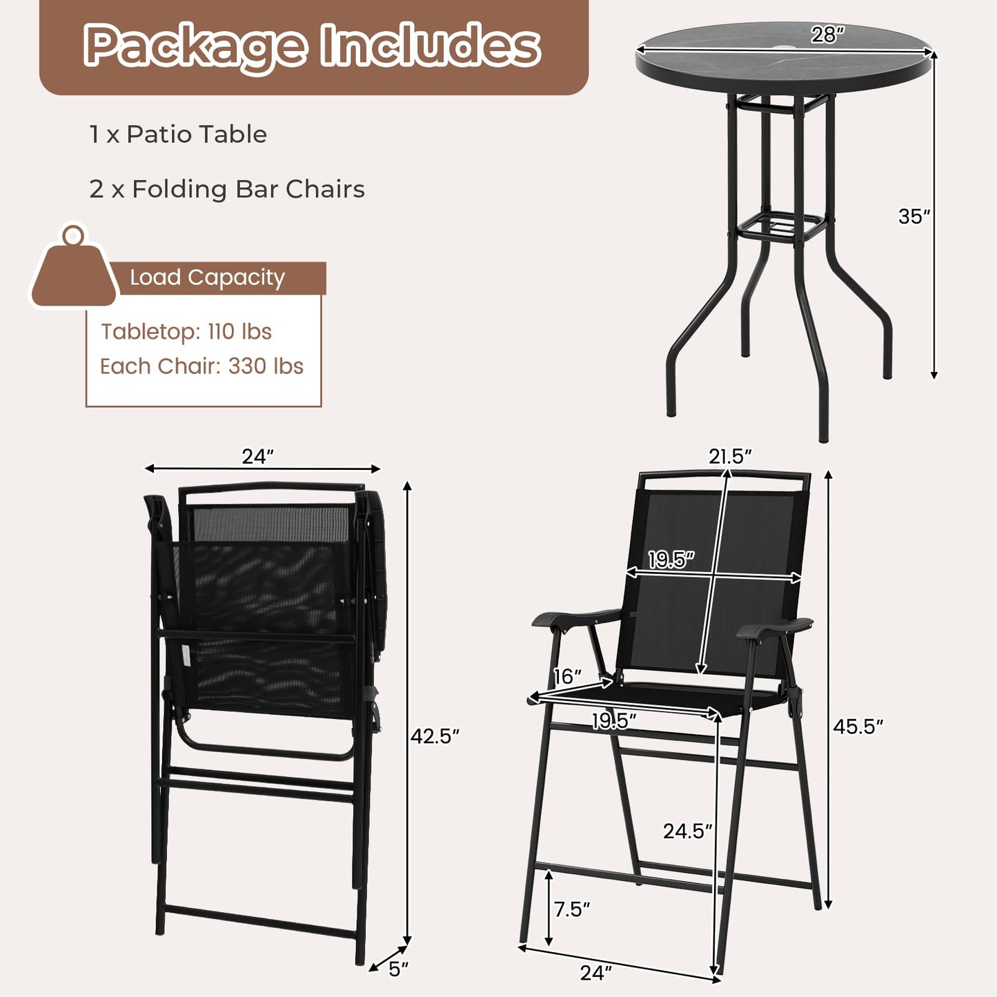 Tangkula 3-Piece Outdoor Bar Set, Counter Height Patio Bistro Furniture Set with DPC Tabletop & Umbrella Hole, Metal Frame Patio Bar Table with 2 Folding Chairs for Poolside, Backyard, Porch, Black